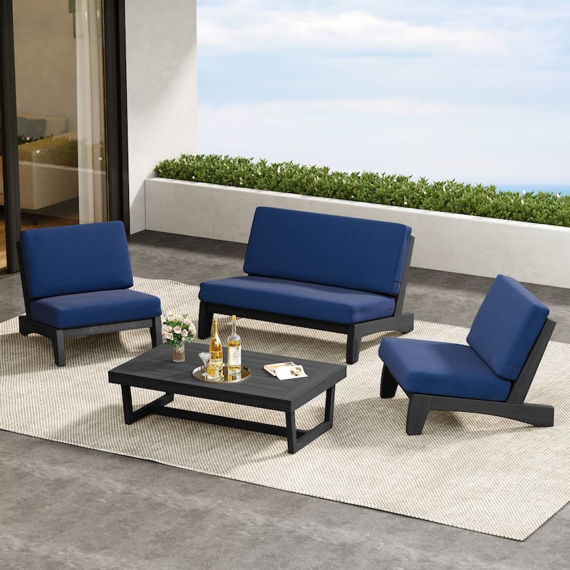 4 Pieces Wood Sectional Sofa Patio Conversation Set With Cushion