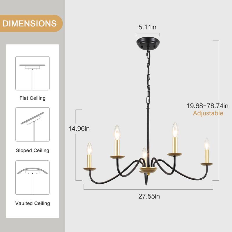 5-Light Rustic Farmhouse Candle Chandelier for Bedroom, Kitchen, Living Room and Foyer