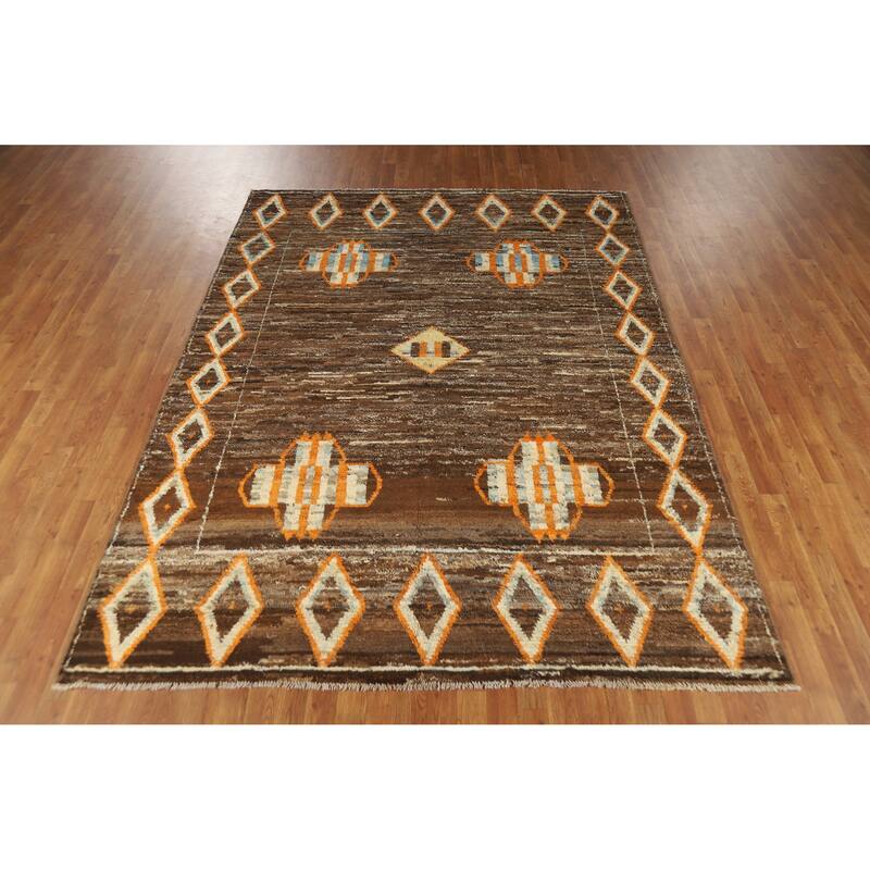 Brown Moroccan Oriental Area Rug Hand-Knotted Wool Carpet - 6'11" x 9'5"