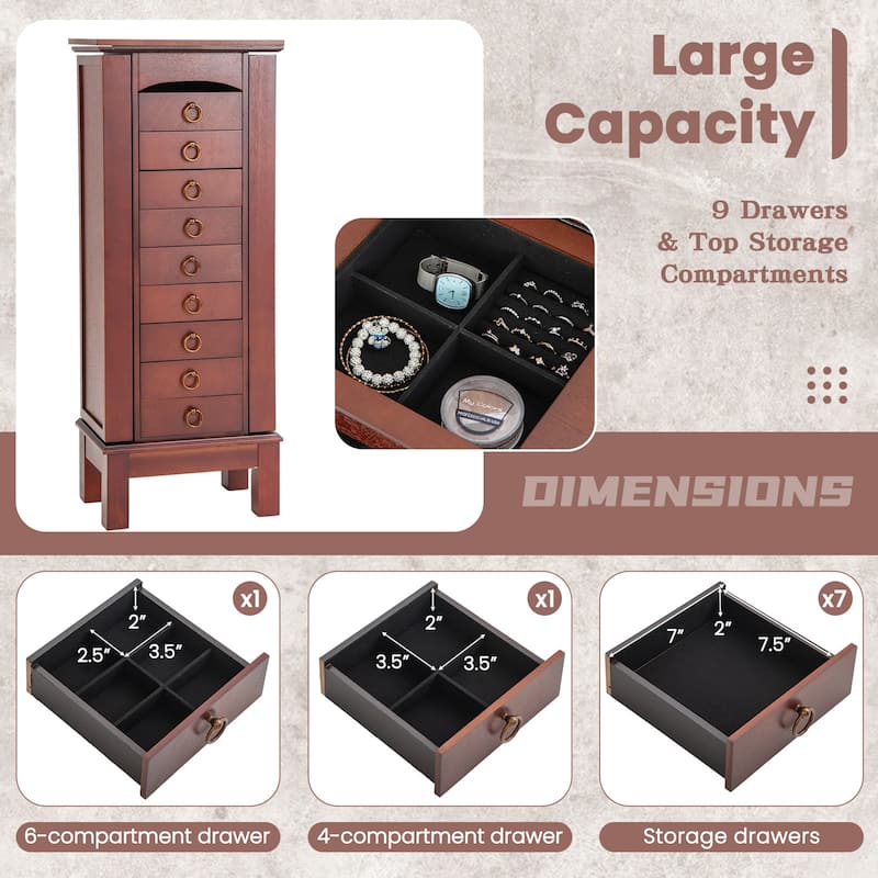 Costway Wood Jewelry Cabinet Armoire Storage Box Chest Stand Organizer - 10.5'' X16'' X40''