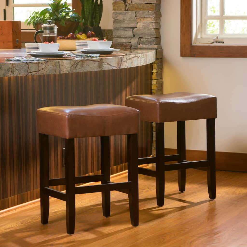Modern 26.75" Set of 2 Bar Stools with Leather Seat and Backless and Solid Wood Legs for Bar and Dining Room or Living Room