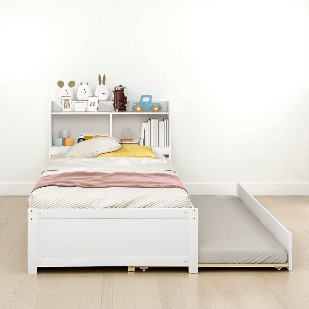Twin/Full Bed Frame with Pull-Out Trundle and Bookcase Headboard, No Box Spring Needed