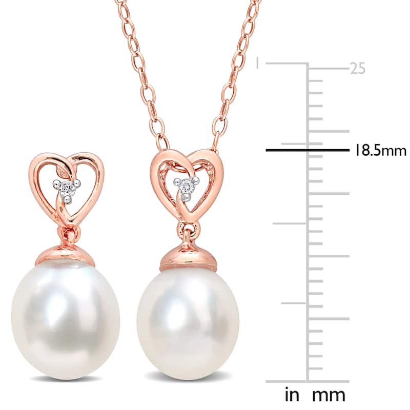 Miadora White Topaz And 8 - 9 Mm White South Sea Cultured Pearl Heart Earrings & Pendant Set With Chain Pink Silver