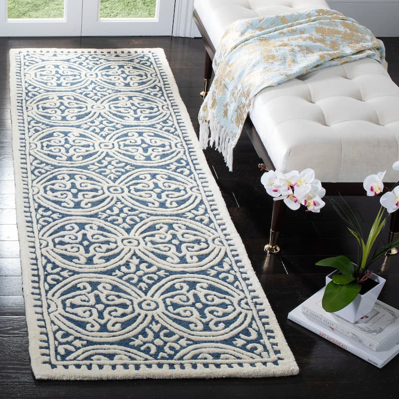 SAFAVIEH Handmade Cambridge Myrtis Modern Moroccan Wool Area Rug - 2'6" x 8' Runner - Navy Blue/Ivory