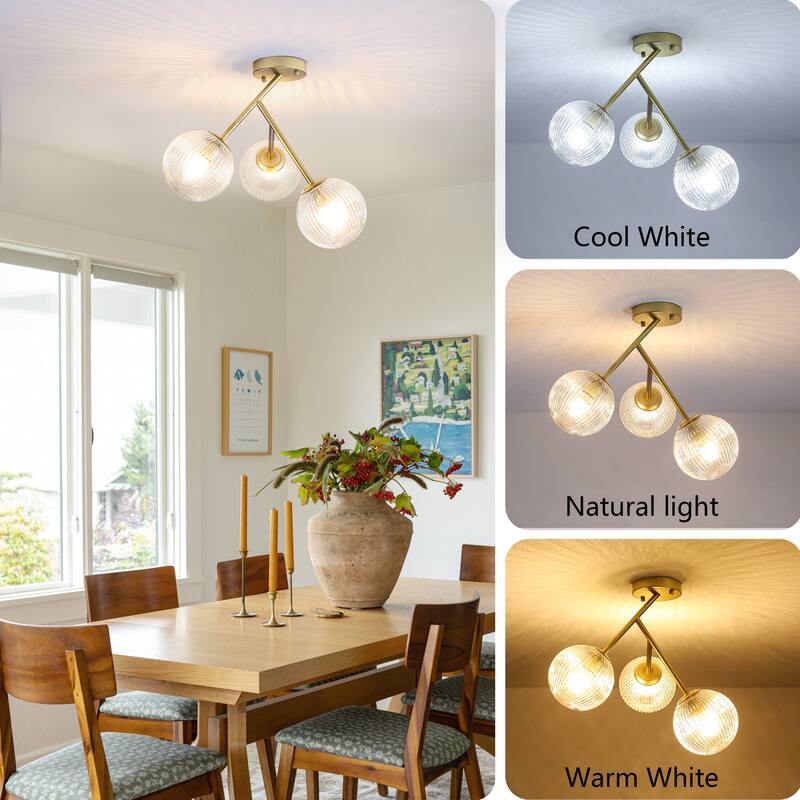 Modern 3-Light Semi-Flush Mount Light with Ribbed Glass Shades