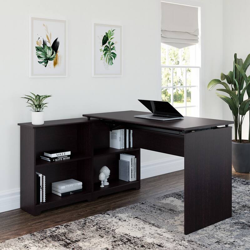 52W 3-position Sit to Stand Corner Bookshelf Desk