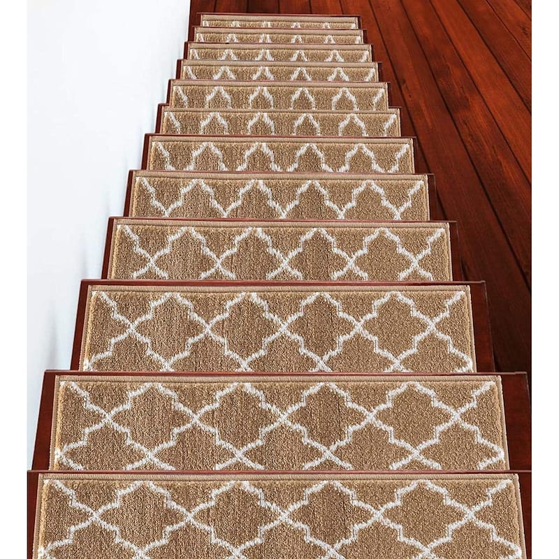 SUSSEXHOME Geometric Stair Treads with Easy to Install Double Adhesive Tape 9" x 28" - 15-PACK - Light Beige
