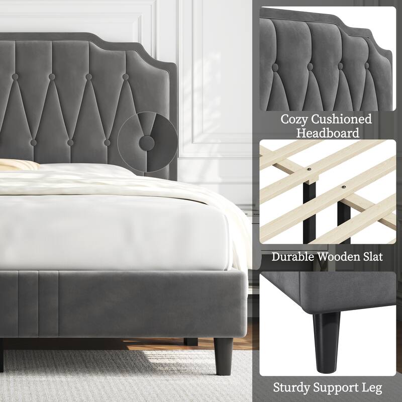Yaheetech Wooden Slat Support Bed Frame with Button Tufted Headboard
