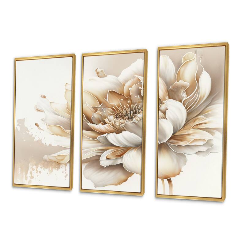 Designart "Blooming Beige Floral Design I" Floral Framed Canvas Art Print - 3 Panels