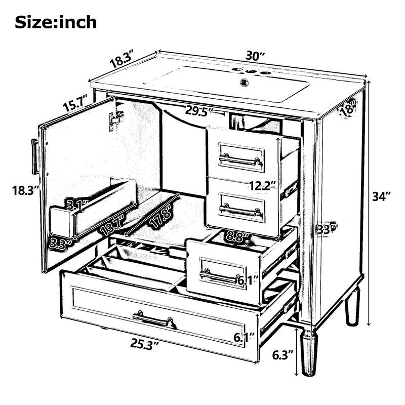 30" Ceramic Sink Bathroom Vanity with Gold Handles, Soft-Close Storage & Space-Saving Design