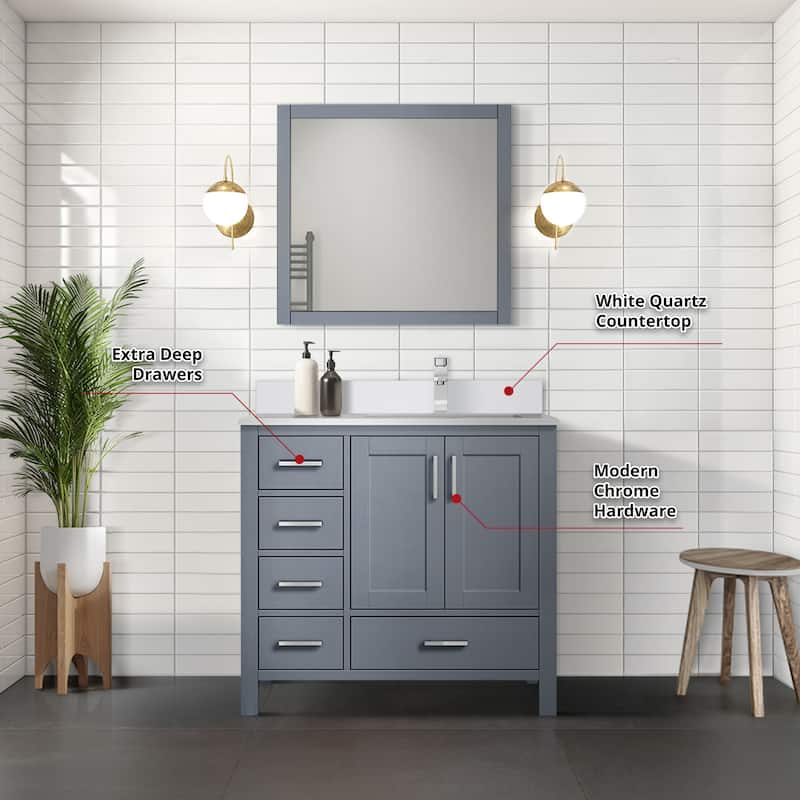 Jacques 36 in. W x 22 in. D Right Offset Dark Grey Bath Vanity, White Quartz Top, and 34 in. Mirror
