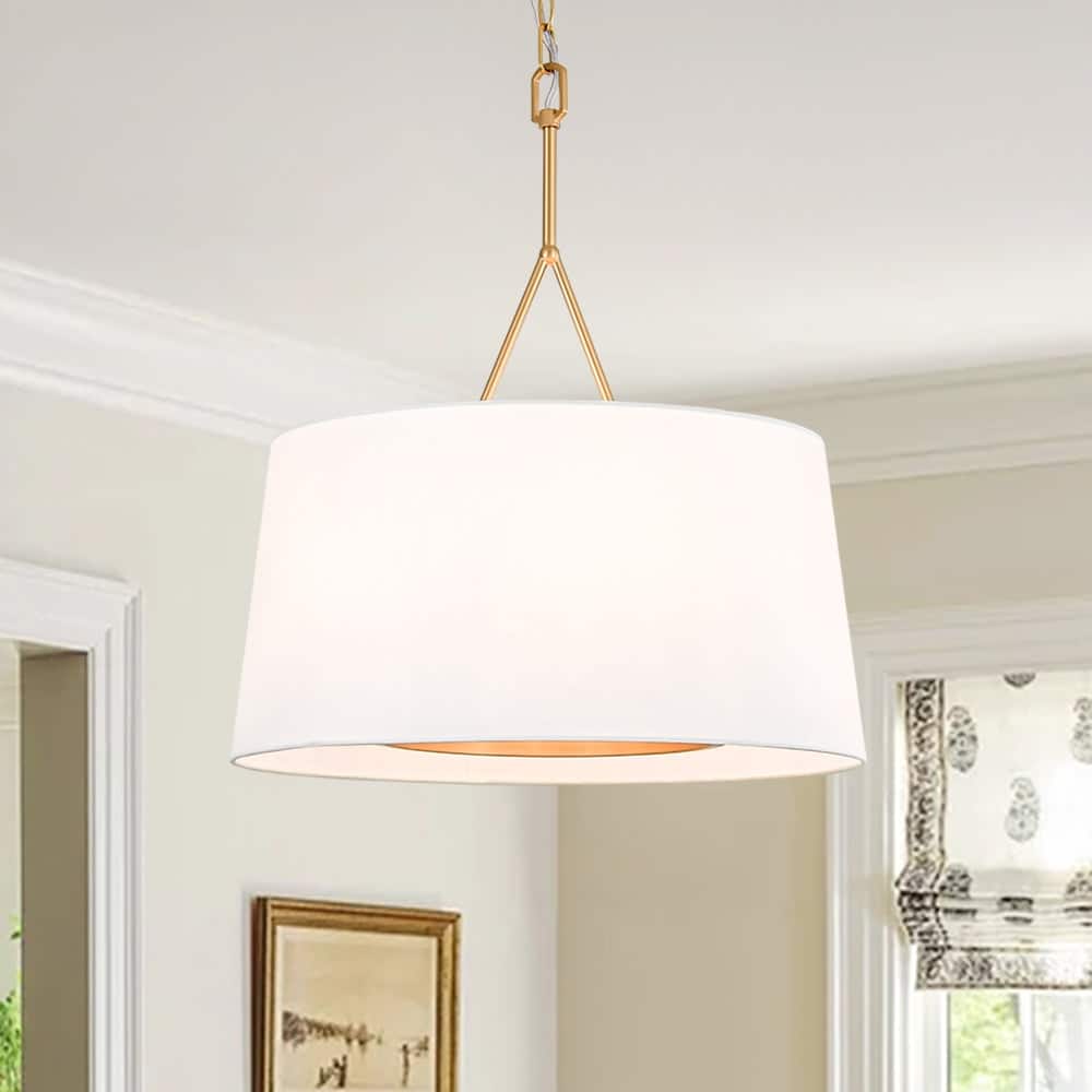 Mid-Century 6-Light Drum White Fabric Round Cage Chandelier 19.7 in