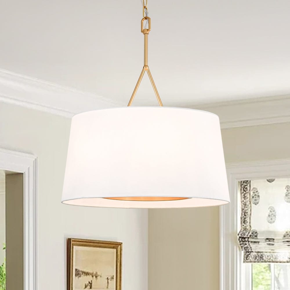Mid-Century 6-Light Drum White Fabric Round Cage Chandelier 19.7 in