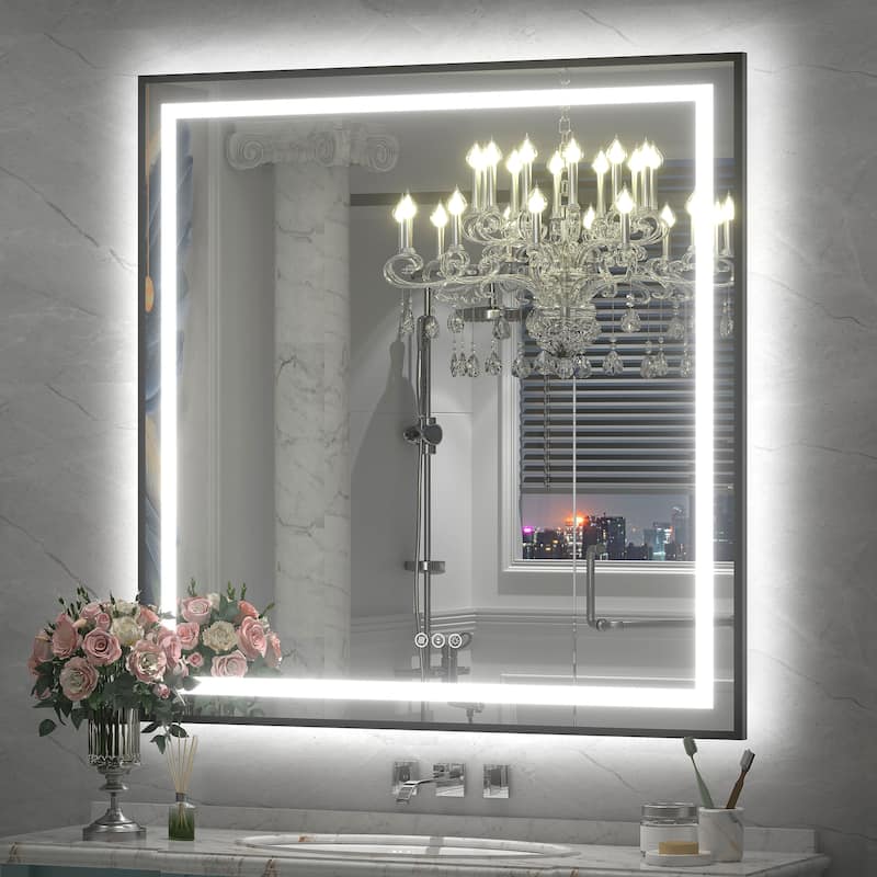 Black Metal Framed LED Front Light and Backlit Anti-Fog Wall Bathroom/ Vanity Mirror - 38" x 38"-Square Corner - Black