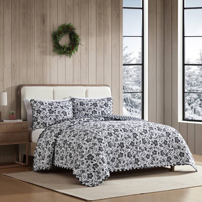 Eddie Bauer Woodblock Floral Flannel Black Quilt Set