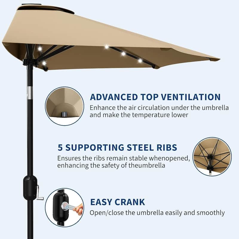 9ft Outdoor Patio Half Umbrella, with Solar LED Lights and Smooth Crank Lift