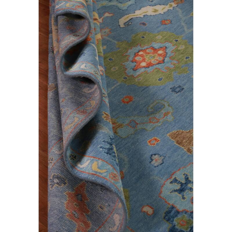 All-Over Blue Oushak Indian Large Rug Hand-Knotted Wool Carpet - 9'1" x 17'9"