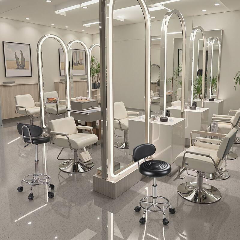 Javlergo White Office Chair Stool PU Leather Backrest Rolling Salon Stool Round Swivel Drafting Spa Stool