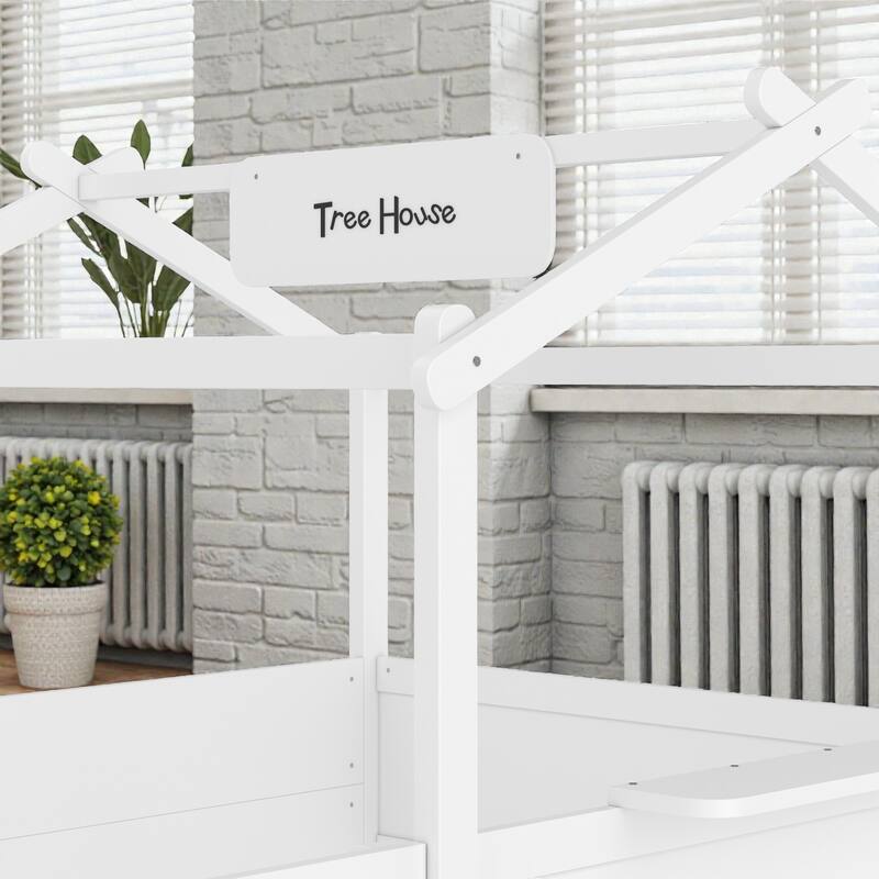 Kids House Floor Bed with Guardrails and Roof, Built-in Tray and Signboard, Montessori Floor Bed for Toddlers