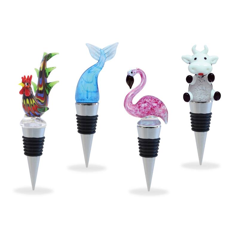 Cheers Mermaid Tail, Flamingo, Rooster, Cow Glass Wine Stopper - 4 Pc. - 1 Lx1.5 Wx5 H inches