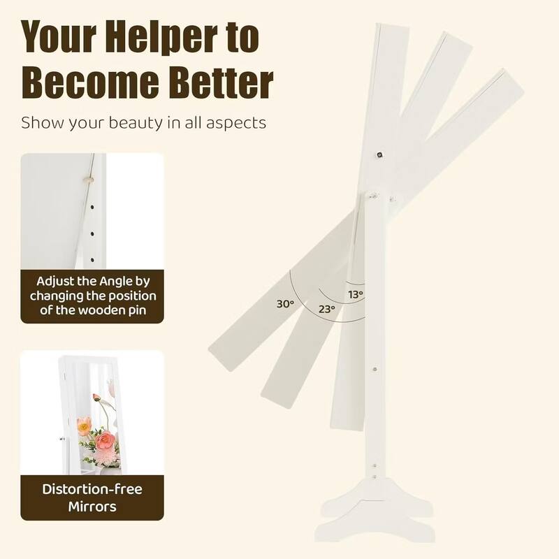 Jewelry Armoire Organizer with Full Length Mirror, Floor Standing Jewelry Cabinet, Lockable Jewelry Storage Box Cabinet