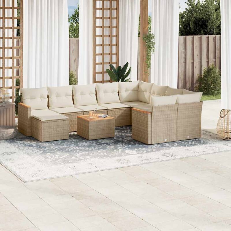 vidaXL Patio Sofa Set with Cushions Outdoor Furniture 11 Piece Poly Rattan - 24.4 x 24.4 x 27.2 in - Beige