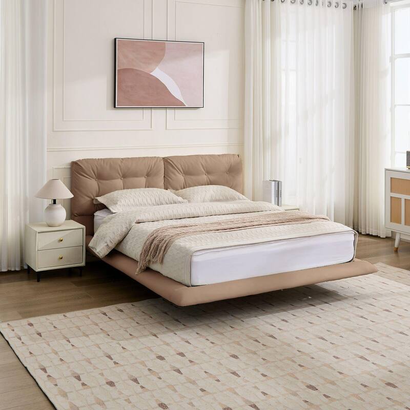 Christopher Knight Home- Lorcan PU Leather Floating Bed Frame with LED Lights and Button-Tufted Headboard