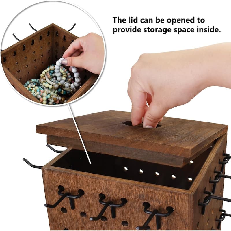 Wooden Rotating Four-Sided Pegboard Jewelry Accessories Rack, Brown - S