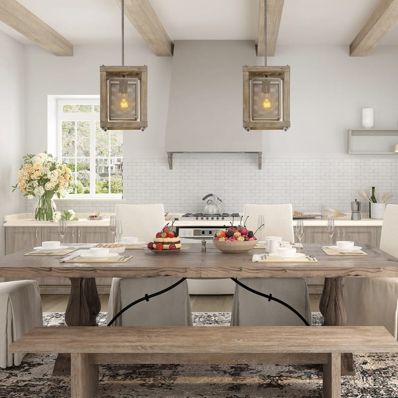 Farmhouse 1-Light Wood Cage Pendant Lights for Kitchen Island - D7.9" x H10.6"