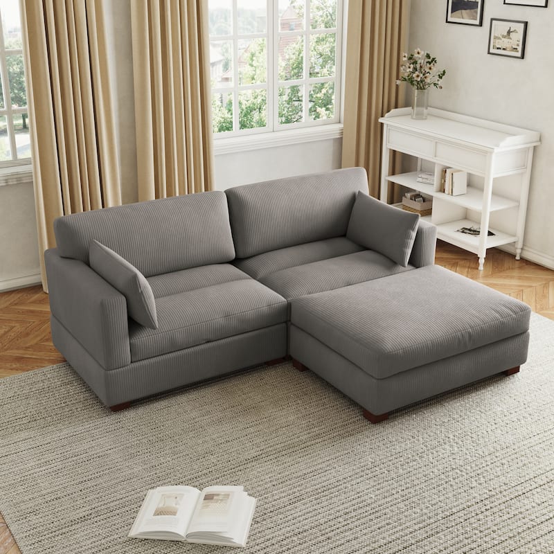 85in.W Corduroy Modular 3-Piece L-Shaped Sectional Sofa with Ottoman