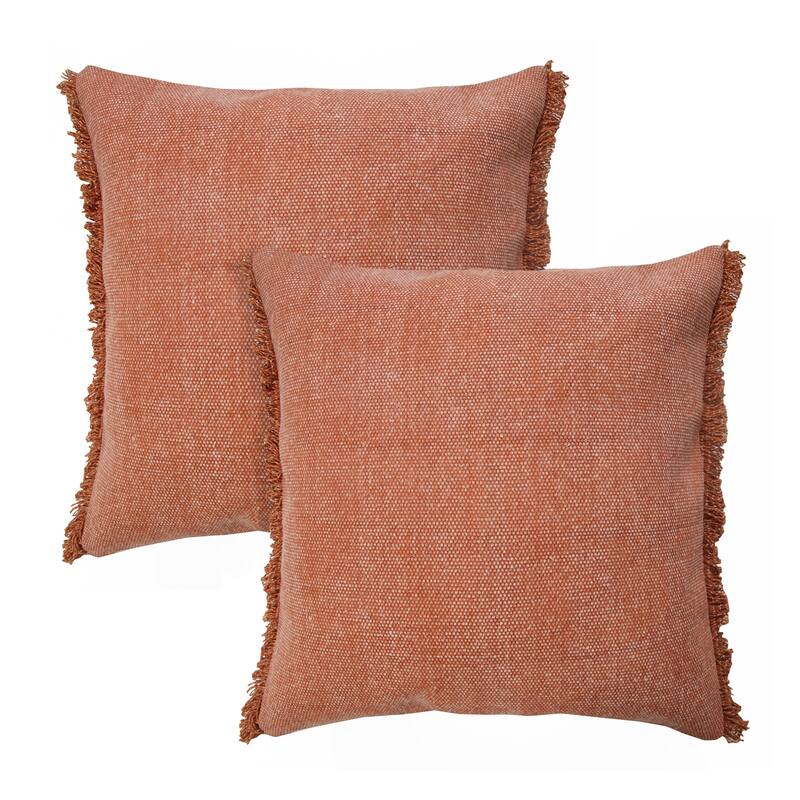 Textured Square Throw Pillows with Fringes - 20" - Adobe Brown - Set of 2