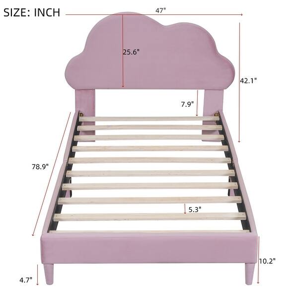 dimension image slide 0 of 2, Kids Velvet Upholstered Bed Twin Size Platform Bed Frame with Cloud Shaped Headboard and Footboard, No Box Spring Needed