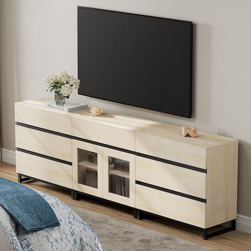 WAMPAT 3 in 1 Dresser with Glass Doors and 7 Drawers, Modern Chest of Drawers with Adjustable Shelf and Metal Base for Bedroom