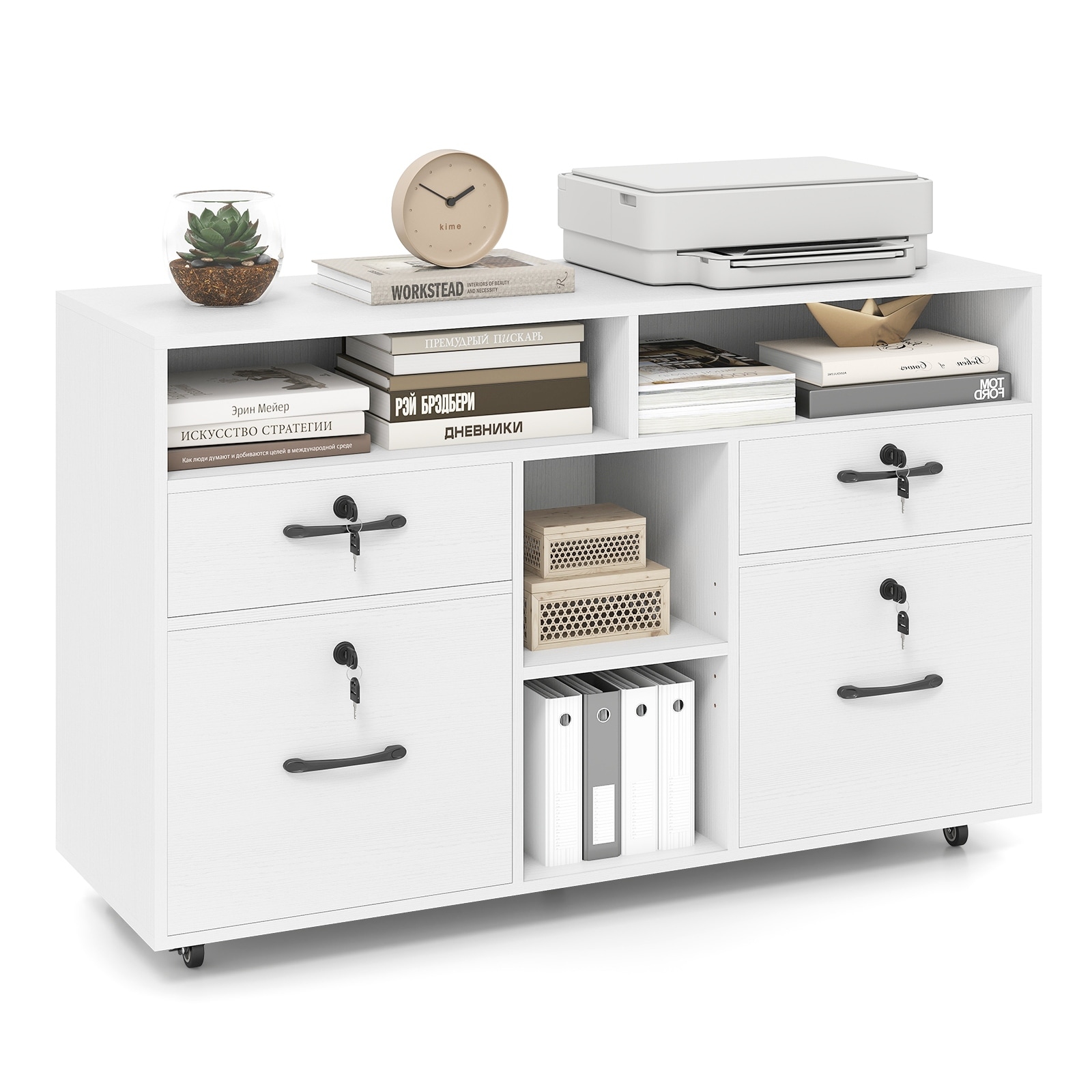 White Mobile File Cabinet with Lock 4 Drawers Adjustable Compartments and Casters