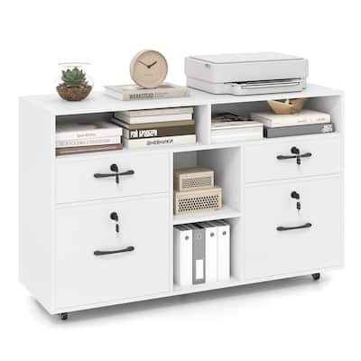 White Mobile File Cabinet with Lock 4 Drawers Adjustable Compartments and Casters