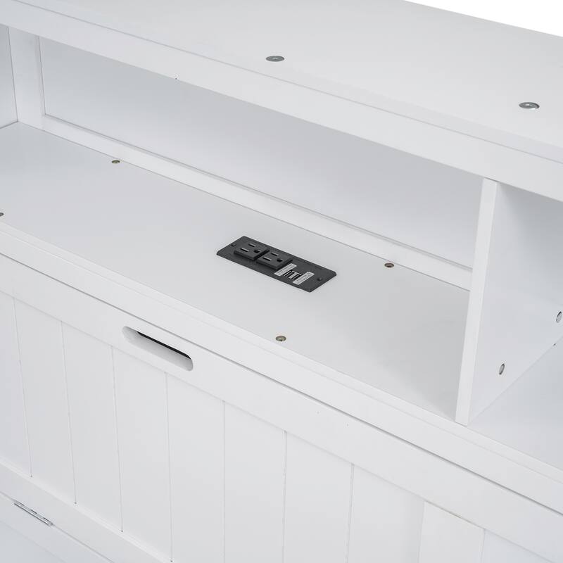 Wooden Bed with LED Storage Headboard, Charging Station, and 2 Drawers