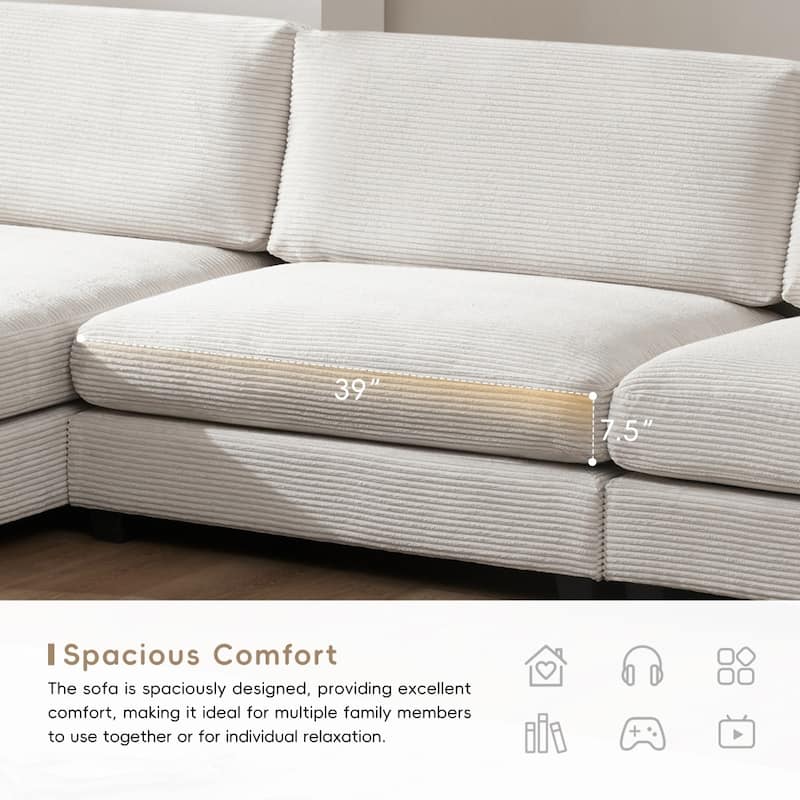 134" Oversized Corduroy Sectional L-shaped Cloud Sofa with USB Charging Port and Cup Holder