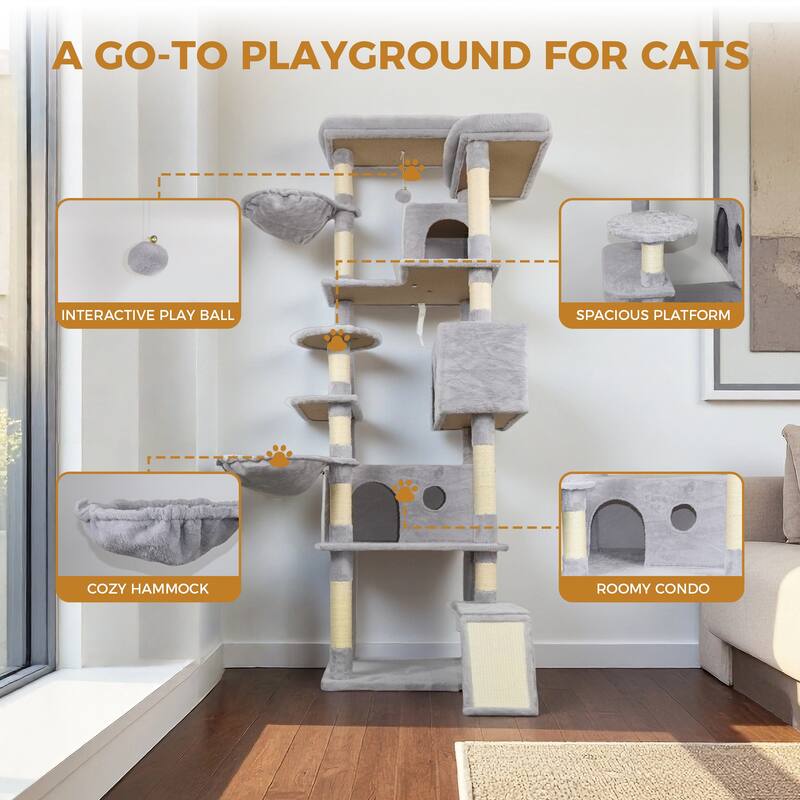 84.6 in Cat Tree Tower with Wide Base, 3 Large Hinding Condo, 11 Sisal Scratching Post, Sisal Scratching Ladder, 2 Hammocks