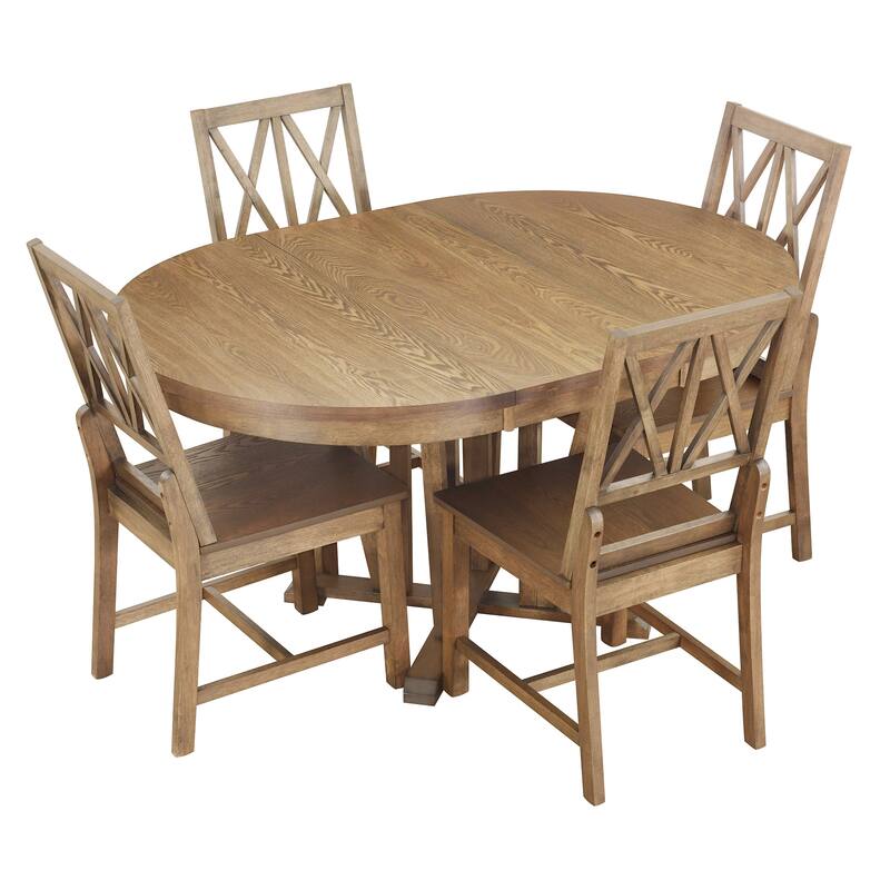 5-Piece Extendable Dining Table Set Round Trestle Table and 4 Cross Back Dining Chairs for Kitchen, Dining Room