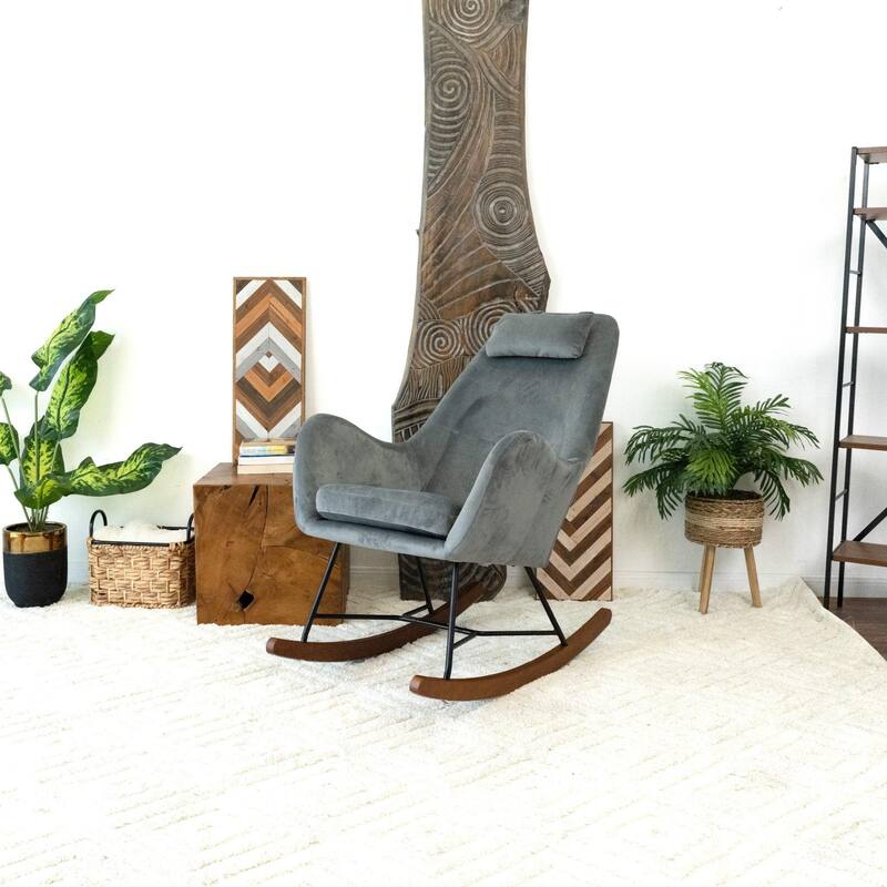 Velvet Glider Rocking Chair with Armrest, Lounge Reading Chair with High Back, Single Sofa Chair with Wooden Base