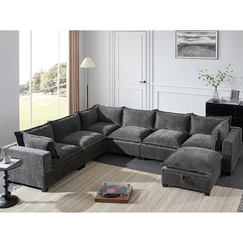 Roomfitters Modular U-Shaped Chenille Sofa with Storage Ottoman, Free Layout 7-Seat Oversized Couch for Living Room