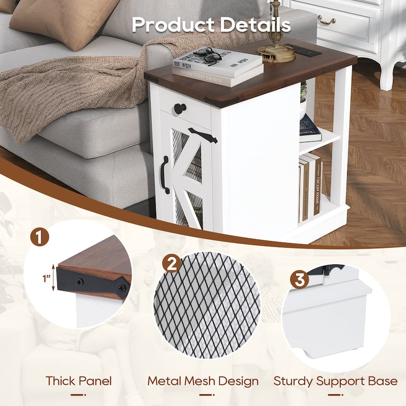 2 Pcs Side Table with Charging Station with Storage Shelf and Drawers