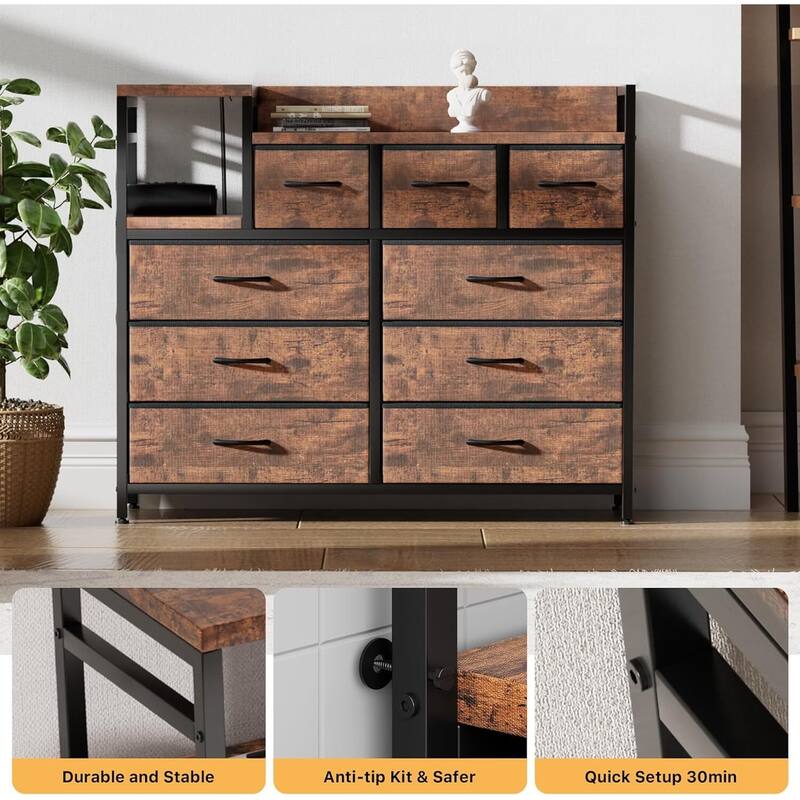 TV Stand with Power Outlet, Bedroom Dresser with 9 Drawers,