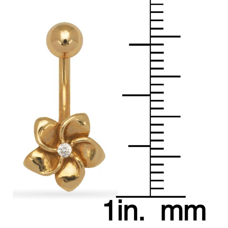 14k Gold 14-Gauge Cubic Zirconia Plumeria Flower Drop Body Jewelry Belly Ring (yellow or white) - White