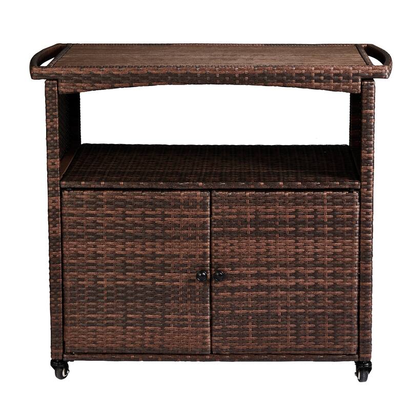 Outdoor Bar Cart with Storage Cabinet and Rolling Wheels - 39.4" x 21.7" x 34.6" - Brown