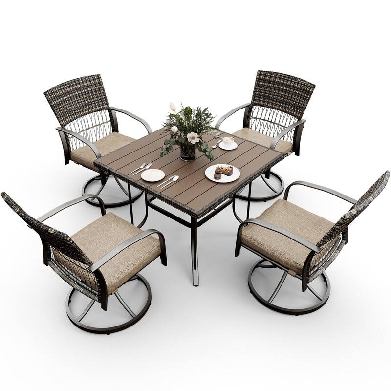 5-Piece Metal Patio Outdoor Dining Set with Square Table and Rattan Swivel Chairs with Cushion