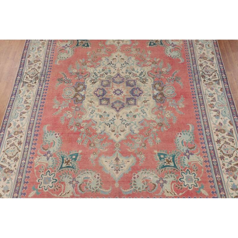 Distressed Tabriz Vintage Area Rug Handmade Wool Carpet - 9'8" x 12'8"