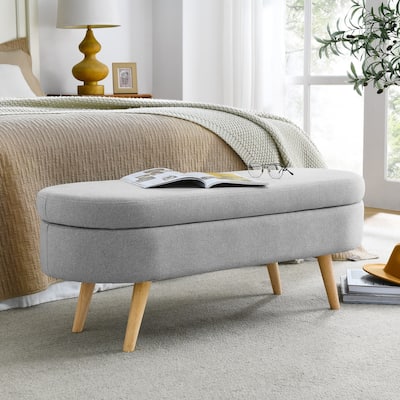 GDFStudio - Emma Linen Pleated Storage Ottoman Bench with Durable Rubberwood Legs