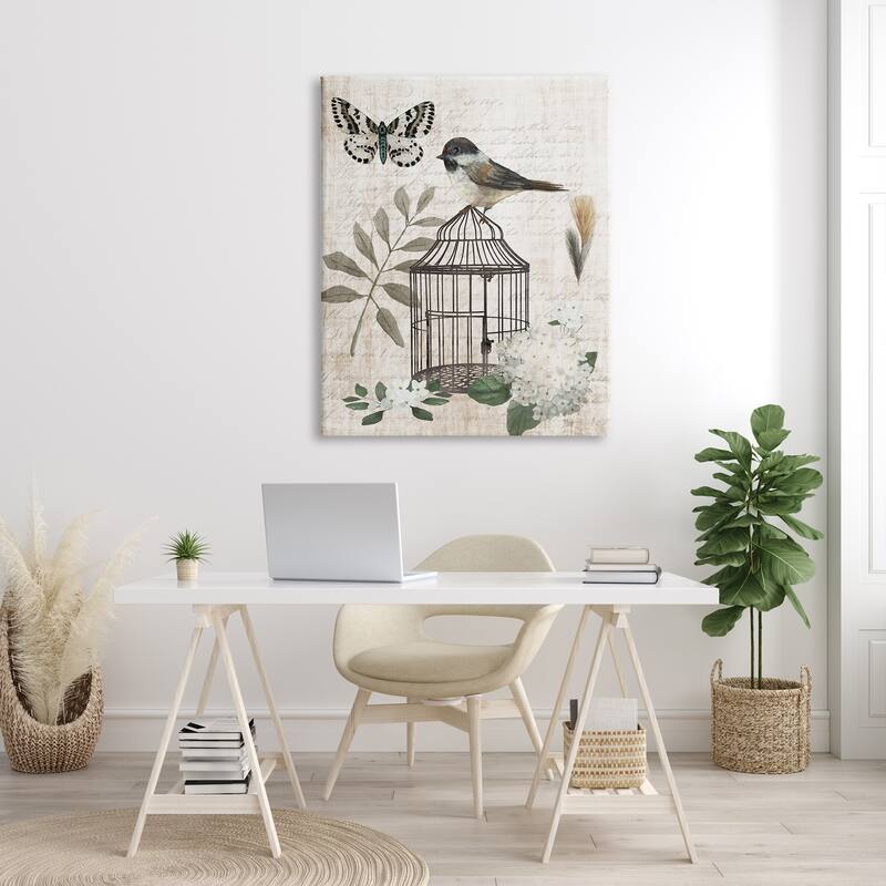 Stupell Botanical Bird Cage Vintage Words Butterfly Motif Canvas Wall Art, Design by Nan