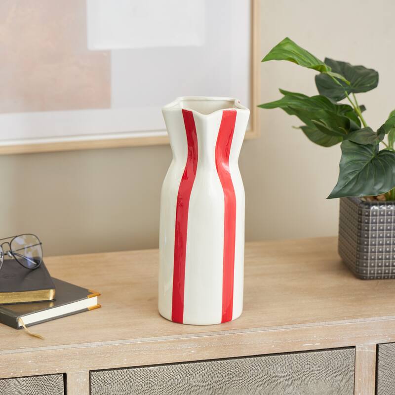 White Ceramic Round Decorative Vase with Light Teal or Red Vertical Stripes - White/Red
